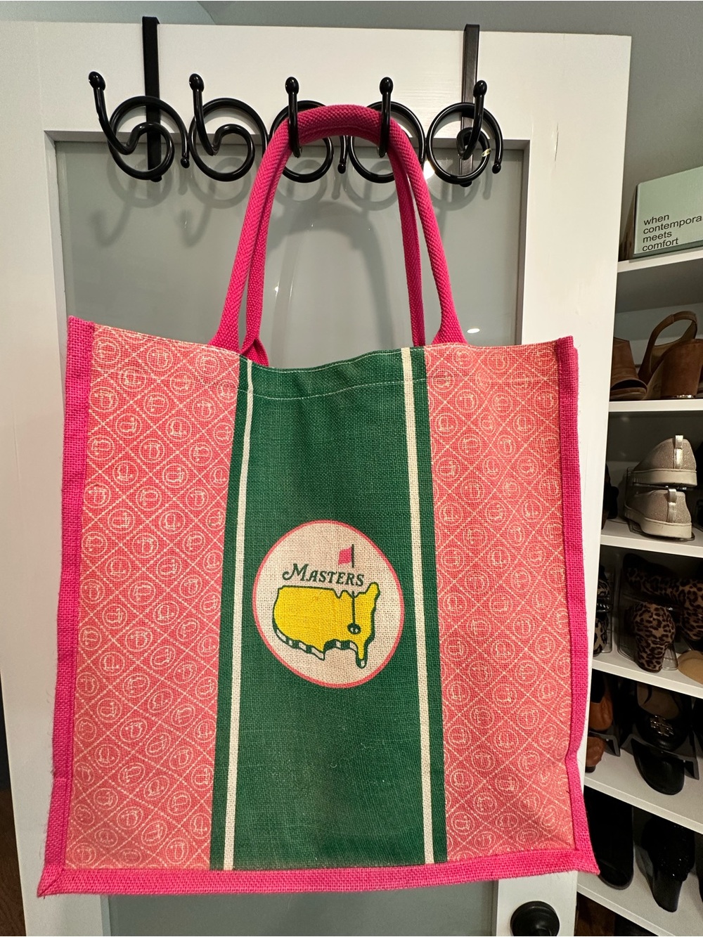 Masters Tournament Jute Tote Bag Pink & Green Tote, X-Large